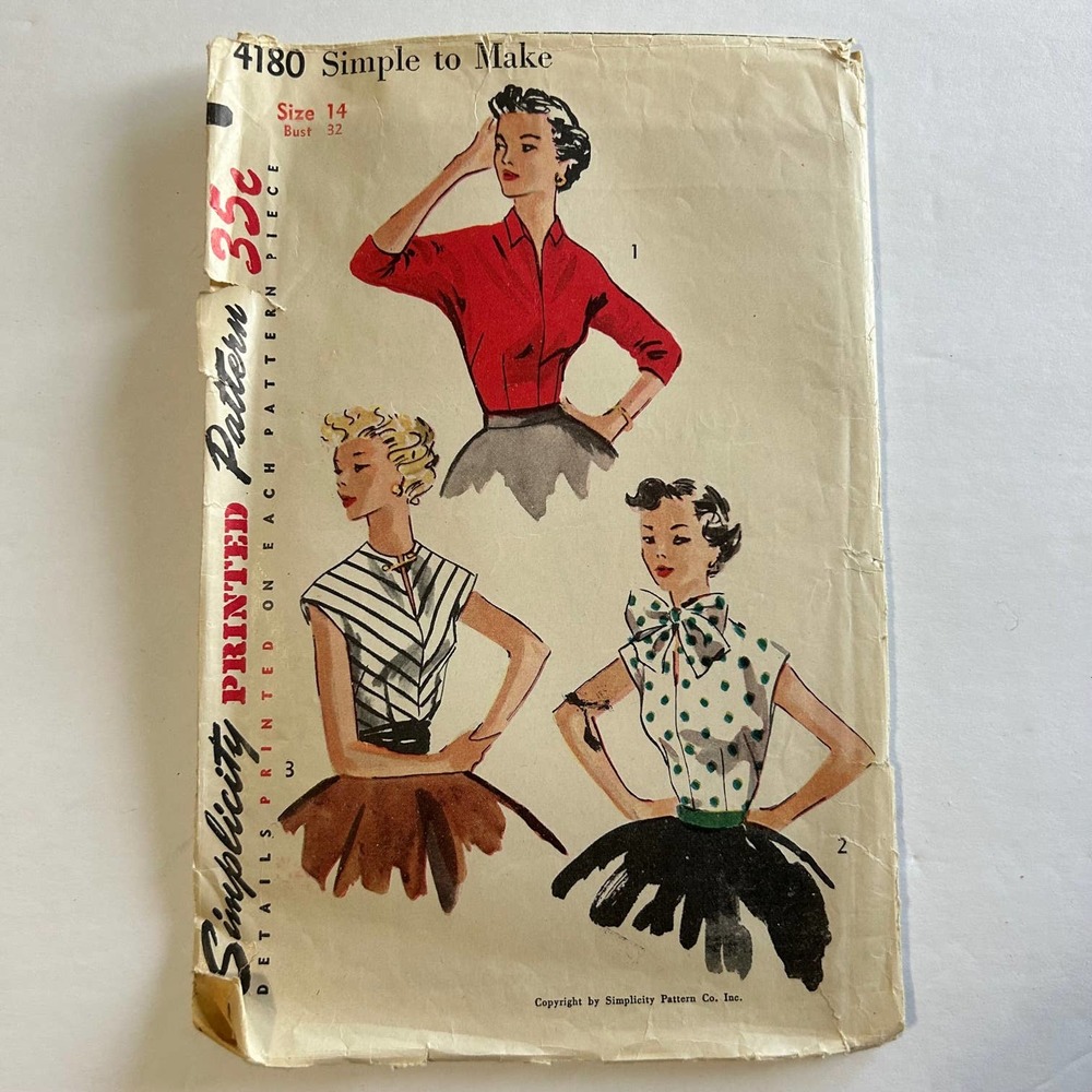 Simplicity Vintage 1950's Pattern‎ #4180 Blouse Size 14 Bust 32